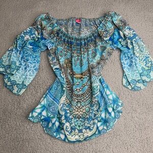 Ranees blue beaded off shoulder top bell sleeve boho paisley size L Y2K
